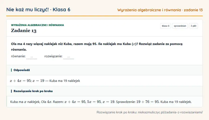 Rozwiązanie zadania 13 — Wyrażenia algebraiczne i równania (klasa 6): Ola ma 4 razy więcej naklejek niż Kuba, razem mają 95. Ile naklejek ma Kuba ( x )? Rozwiąż zadanie…