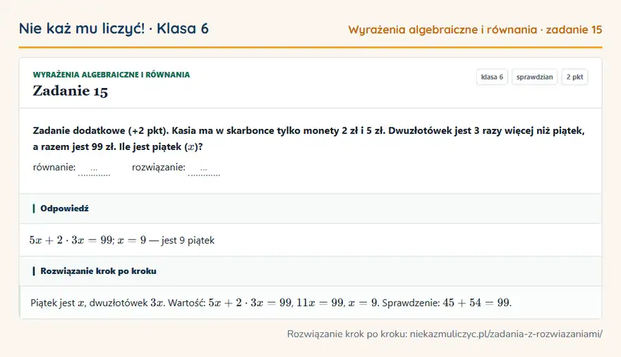 Rozwiązanie zadania 15, sprawdzian „Wyrażenia algebraiczne i równania”, klasa 6: Zadanie dodatkowe (+2 pkt). Kasia ma w skarbonce tylko monety 2 zł i 5 zł. Dwuzłotówek jest 3 razy… Odpowiedź: 5x + 2 · 3x = 99; x = 9 — jest 9 piątek