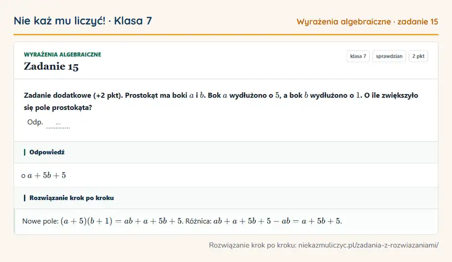 Rozwiązanie zadania 15, sprawdzian „Wyrażenia algebraiczne”, klasa 7: Zadanie dodatkowe (+2 pkt). Prostokąt ma boki a i b. Bok a wydłużono o 5, a bok b wydłużono o 1. O… Odpowiedź: o a + 5b + 5