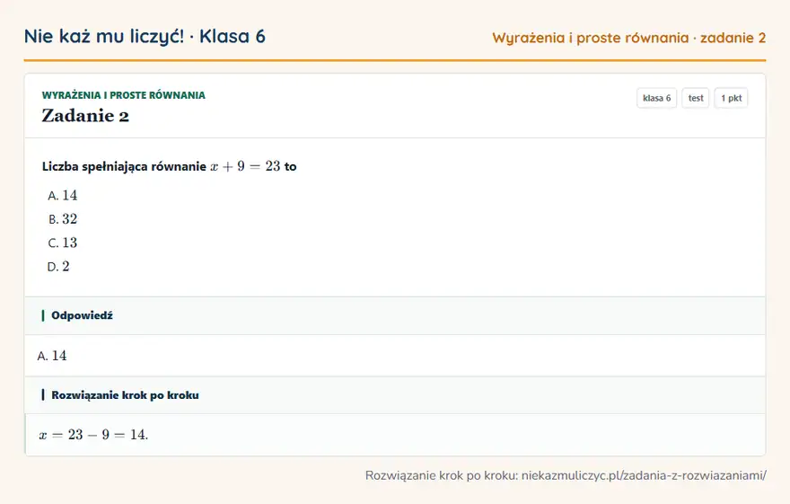 Rozwiązanie zadania 2, test „Wyrażenia i proste równania”, klasa 6: Liczba spełniająca równanie x + 9 = 23 to Odpowiedź: A. 14
