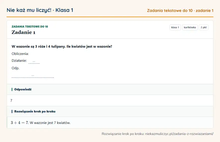 Rozwiązanie zadania 1, kartkówka „Zadania tekstowe do 10”, klasa 1: W wazonie są 3 róże i 4 tulipany. Ile kwiatów jest w wazonie? Obliczenia: Działanie: … Odp. … Odpowiedź: 7
