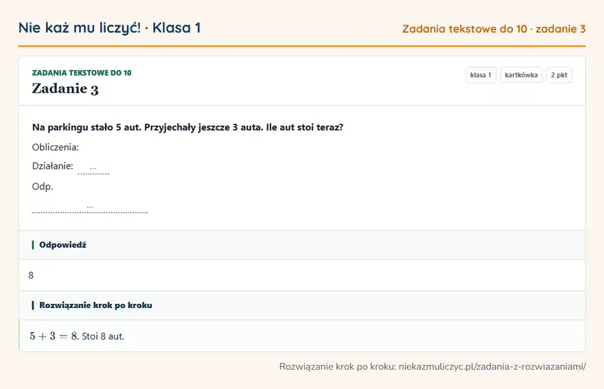Rozwiązanie zadania 3, kartkówka „Zadania tekstowe do 10”, klasa 1: Na parkingu stało 5 aut. Przyjechały jeszcze 3 auta. Ile aut stoi teraz? Obliczenia: Działanie: …… Odpowiedź: 8