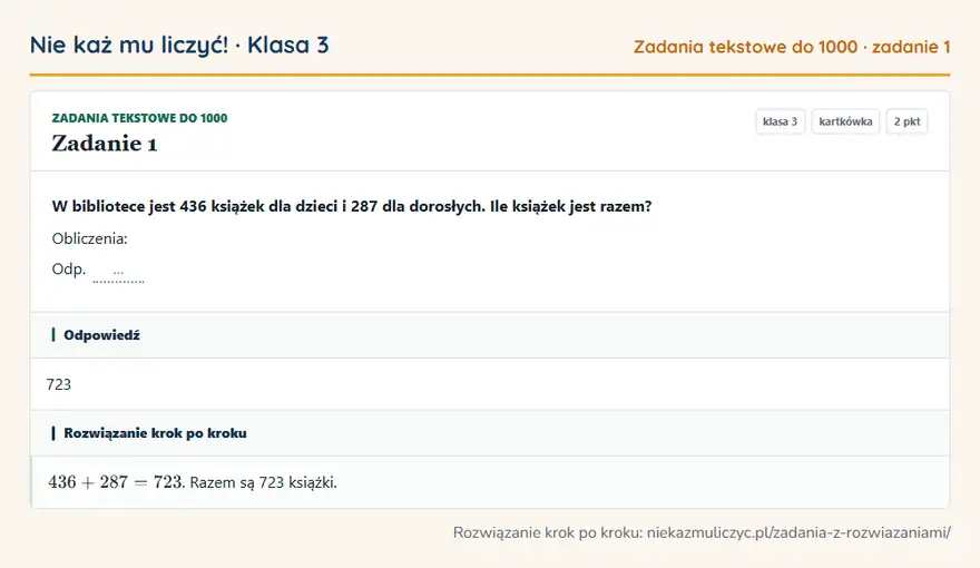 Rozwiązanie zadania 1, kartkówka „Zadania tekstowe do 1000”, klasa 3: W bibliotece jest 436 książek dla dzieci i 287 dla dorosłych. Ile książek jest razem? Obliczenia… Odpowiedź: 723