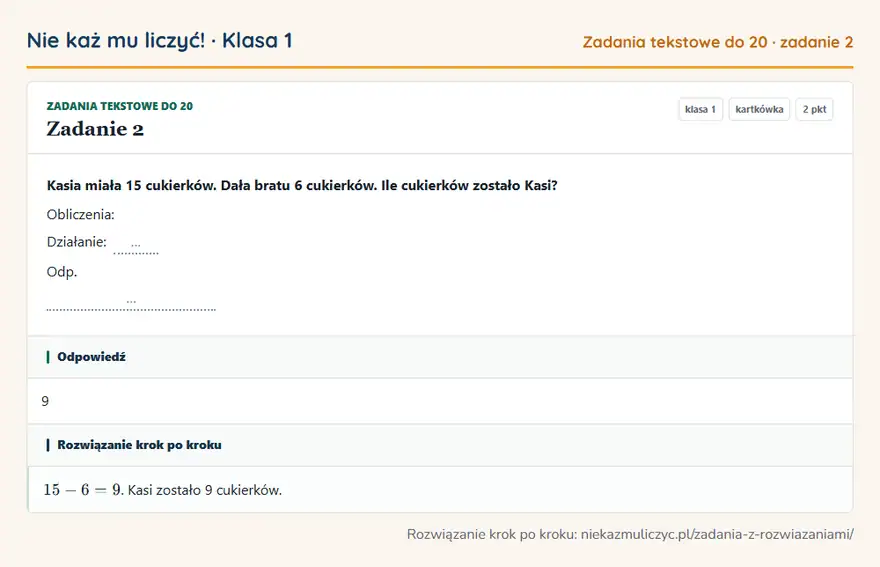 Rozwiązanie zadania 2, kartkówka „Zadania tekstowe do 20”, klasa 1: Kasia miała 15 cukierków. Dała bratu 6 cukierków. Ile cukierków zostało Kasi? Obliczenia… Odpowiedź: 9