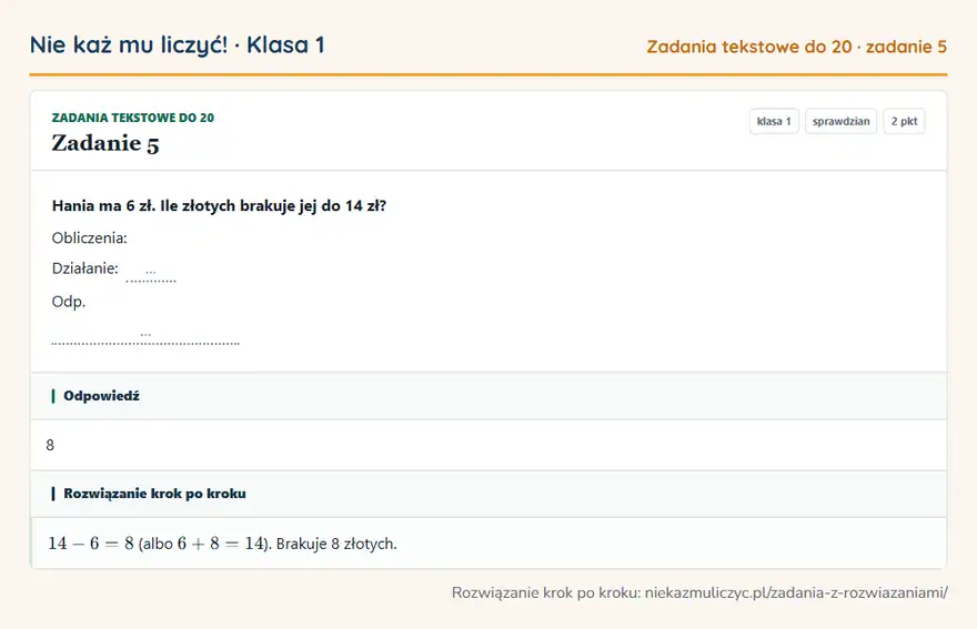 Rozwiązanie zadania 5 — Zadania tekstowe do 20 (klasa 1): Hania ma 6 zł. Ile złotych brakuje jej do 14 zł? Obliczenia: Działanie: … Odp. …