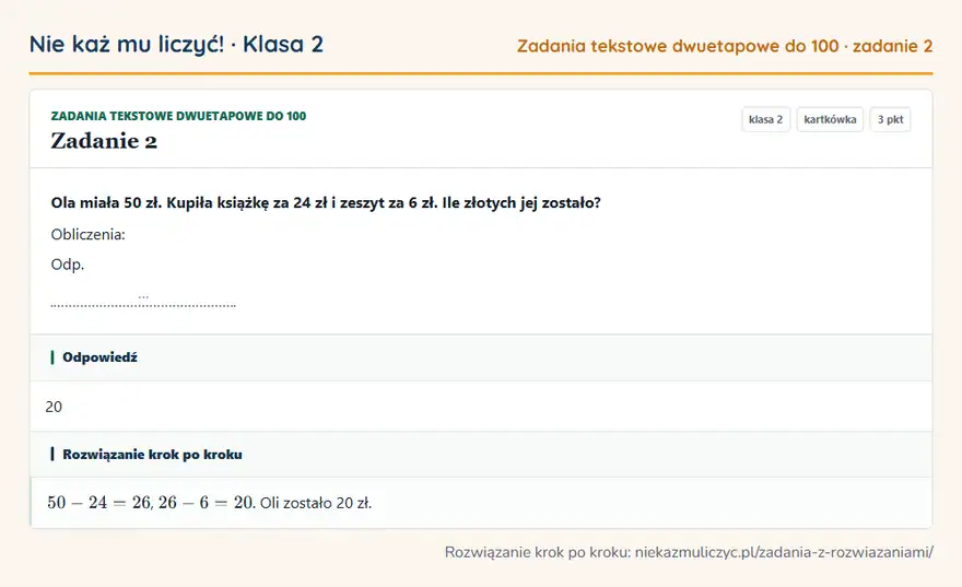 Rozwiązanie zadania 2, kartkówka „Zadania tekstowe dwuetapowe do 100”, klasa 2: Ola miała 50 zł. Kupiła książkę za 24 zł i zeszyt za 6 zł. Ile złotych jej zostało? Obliczenia… Odpowiedź: 20