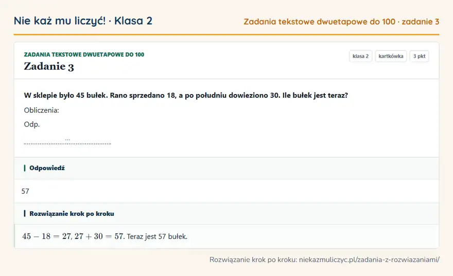 Rozwiązanie zadania 3, kartkówka „Zadania tekstowe dwuetapowe do 100”, klasa 2: W sklepie było 45 bułek. Rano sprzedano 18, a po południu dowieziono 30. Ile bułek jest teraz?… Odpowiedź: 57