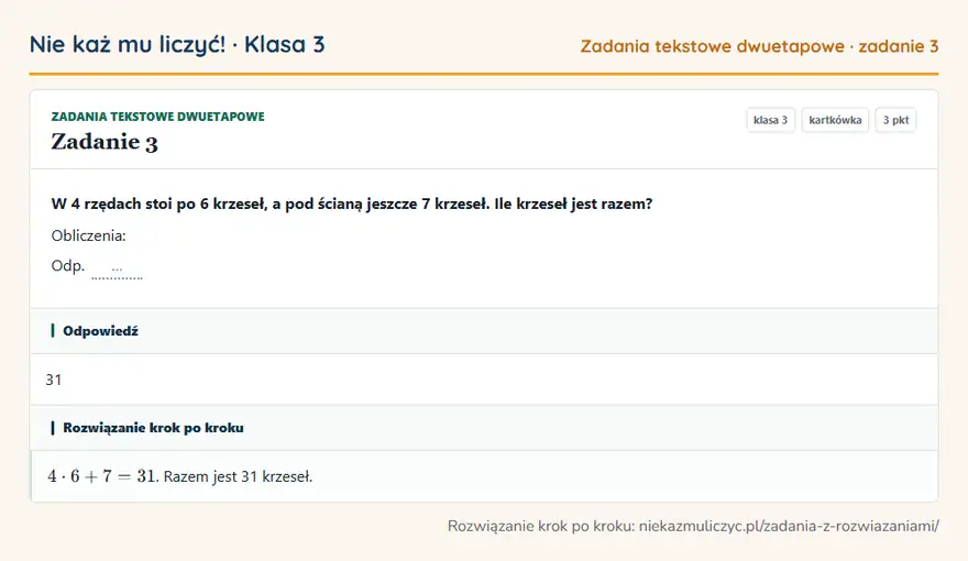 Rozwiązanie zadania 3, kartkówka „Zadania tekstowe dwuetapowe”, klasa 3: W 4 rzędach stoi po 6 krzeseł, a pod ścianą jeszcze 7 krzeseł. Ile krzeseł jest razem? Obliczenia… Odpowiedź: 31