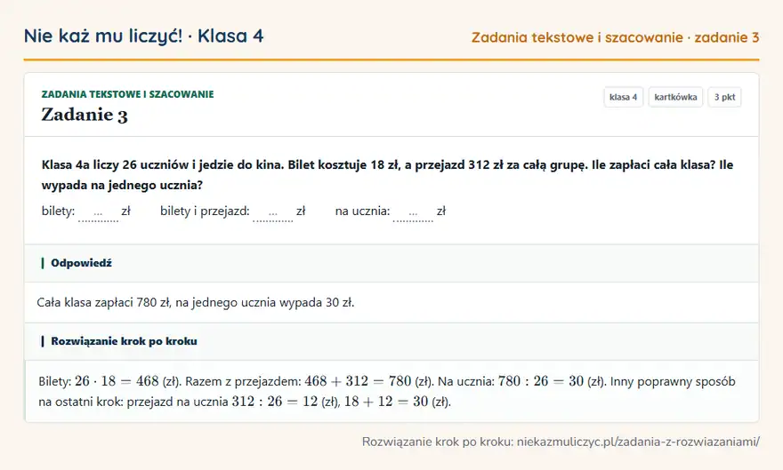 Rozwiązanie zadania 3, kartkówka „Zadania tekstowe i szacowanie”, klasa 4: Klasa 4a liczy 26 uczniów i jedzie do kina. Bilet kosztuje 18 zł, a przejazd 312 zł za całą grupę… Odpowiedź: Cała klasa zapłaci 780 zł, na jednego ucznia wypada 30 zł