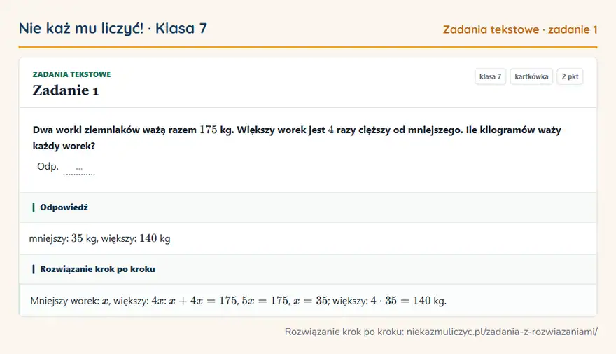 Rozwiązanie zadania 1, kartkówka „Zadania tekstowe”, klasa 7: Dwa worki ziemniaków ważą razem 175 kg. Większy worek jest 4 razy cięższy od mniejszego. Ile… Odpowiedź: mniejszy: 35 kg, większy: 140 kg