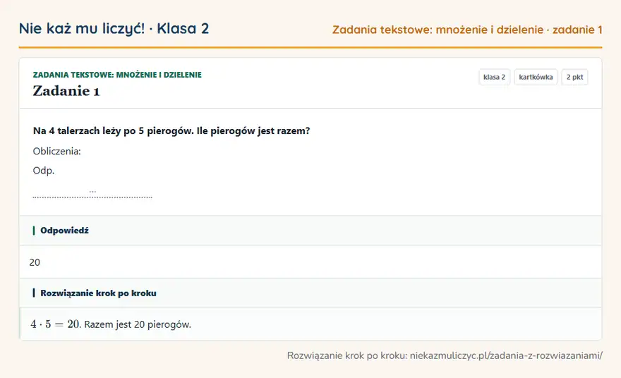 Rozwiązanie zadania 1 — Zadania tekstowe: mnożenie i dzielenie (klasa 2): Na 4 talerzach leży po 5 pierogów. Ile pierogów jest razem? Obliczenia: Odp. …