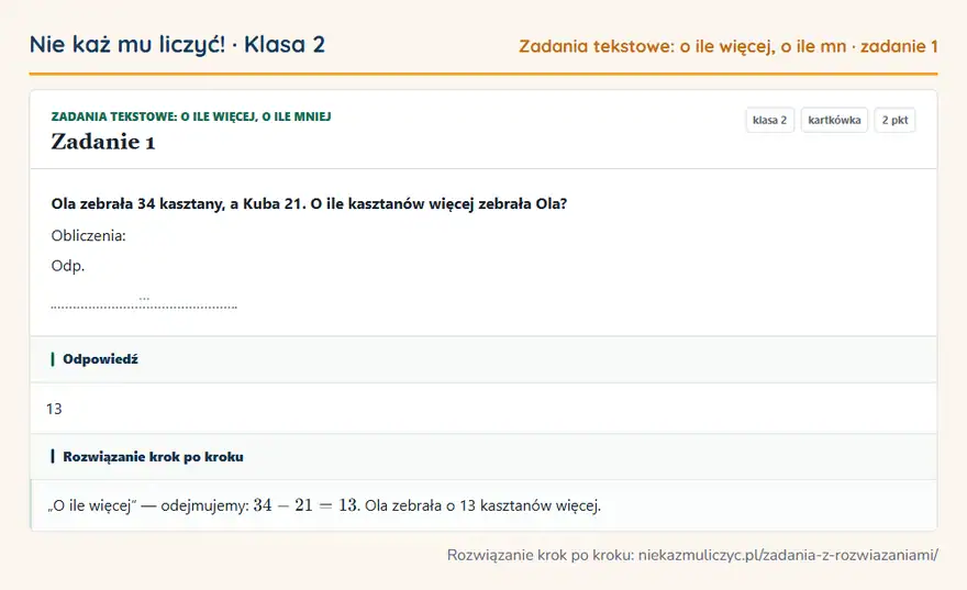 Rozwiązanie zadania 1 — Zadania tekstowe: o ile więcej, o ile mniej (klasa 2): Ola zebrała 34 kasztany, a Kuba 21. O ile kasztanów więcej zebrała Ola? Obliczenia: Odp. …