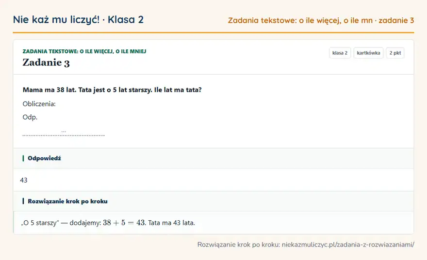 Rozwiązanie zadania 3 — Zadania tekstowe: o ile więcej, o ile mniej (klasa 2): Mama ma 38 lat. Tata jest o 5 lat starszy. Ile lat ma tata? Obliczenia: Odp. …