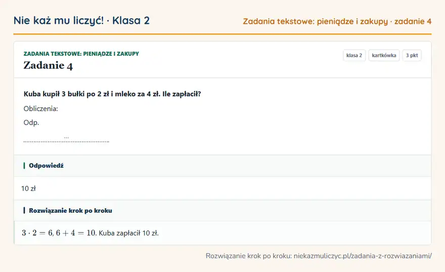 Rozwiązanie zadania 4 — Zadania tekstowe: pieniądze i zakupy (klasa 2): Kuba kupił 3 bułki po 2 zł i mleko za 4 zł. Ile zapłacił? Obliczenia: Odp. …