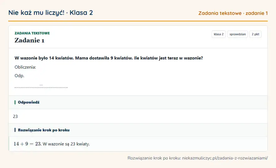 Rozwiązanie zadania 1 — Zadania tekstowe (klasa 2): W wazonie było 14 kwiatów. Mama dostawiła 9 kwiatów. Ile kwiatów jest teraz w wazonie? Obliczenia…