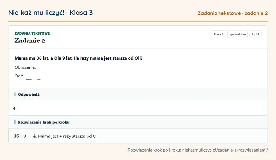 Rozwiązanie zadania 2 — Zadania tekstowe (klasa 3): Mama ma 36 lat, a Ola 9 lat. Ile razy mama jest starsza od Oli? Obliczenia: Odp. …