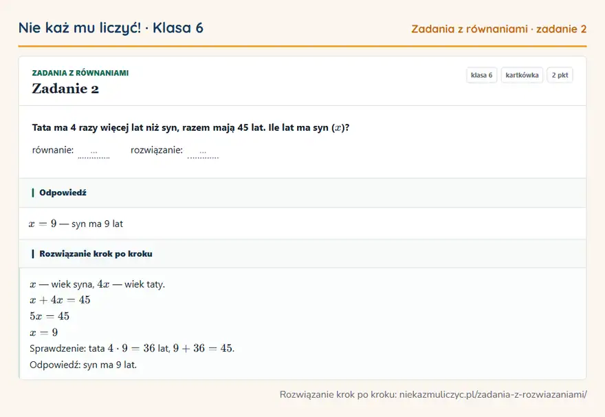 Rozwiązanie zadania 2 — Zadania z równaniami (klasa 6): Tata ma 4 razy więcej lat niż syn, razem mają 45 lat. Ile lat ma syn ( x )? równanie: ……