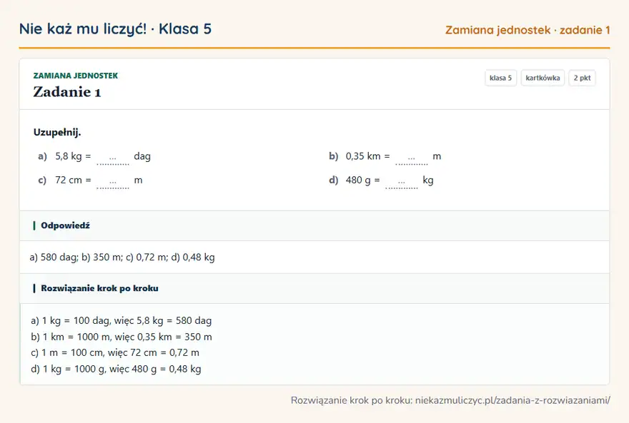 Rozwiązanie zadania 1 — Zamiana jednostek (klasa 5): Uzupełnij. a) 5,8 kg = … dag b) 0,35 km = … m c) 72 cm = … m d) 480 g = … kg