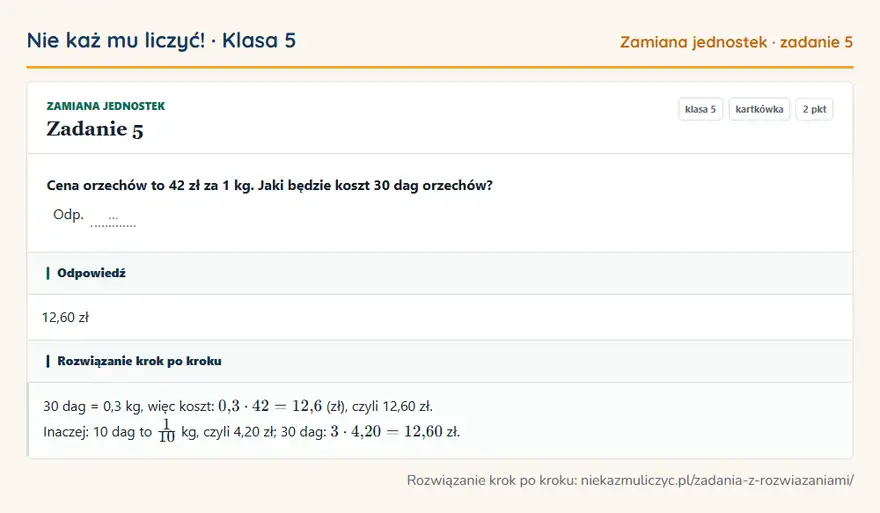 Rozwiązanie zadania 5 — Zamiana jednostek (klasa 5): Cena orzechów to 42 zł za 1 kg. Jaki będzie koszt 30 dag orzechów? Odp. …