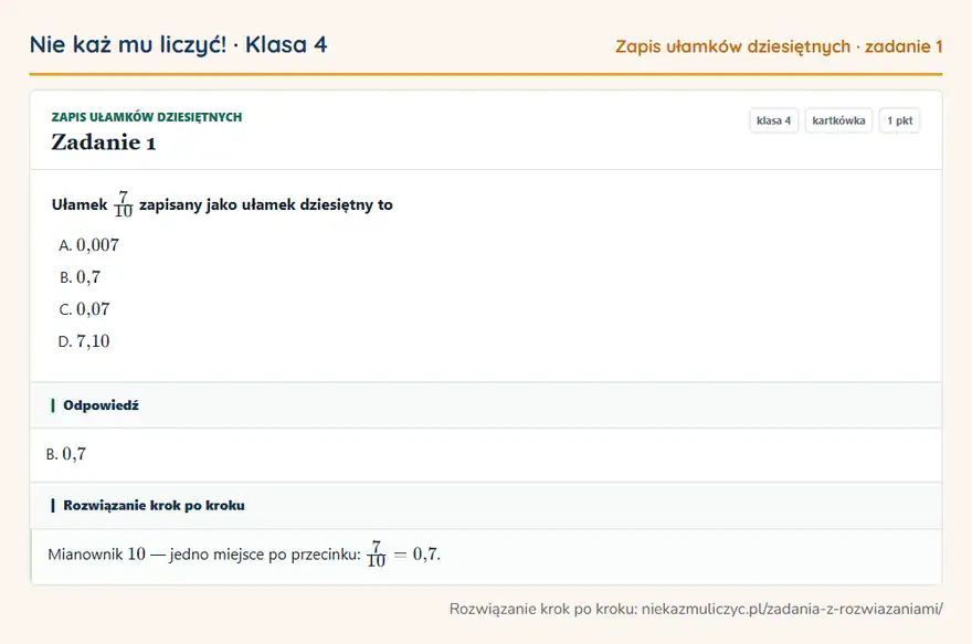 Rozwiązanie zadania 1 — Zapis ułamków dziesiętnych (klasa 4): Ułamek 7/10 zapisany jako ułamek dziesiętny to