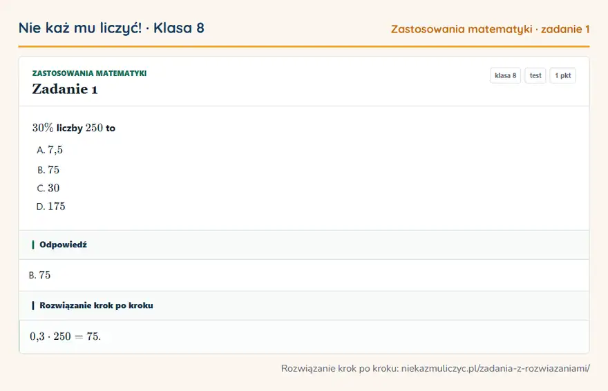 Rozwiązanie zadania 1 — Zastosowania matematyki (klasa 8): 30\% liczby 250 to