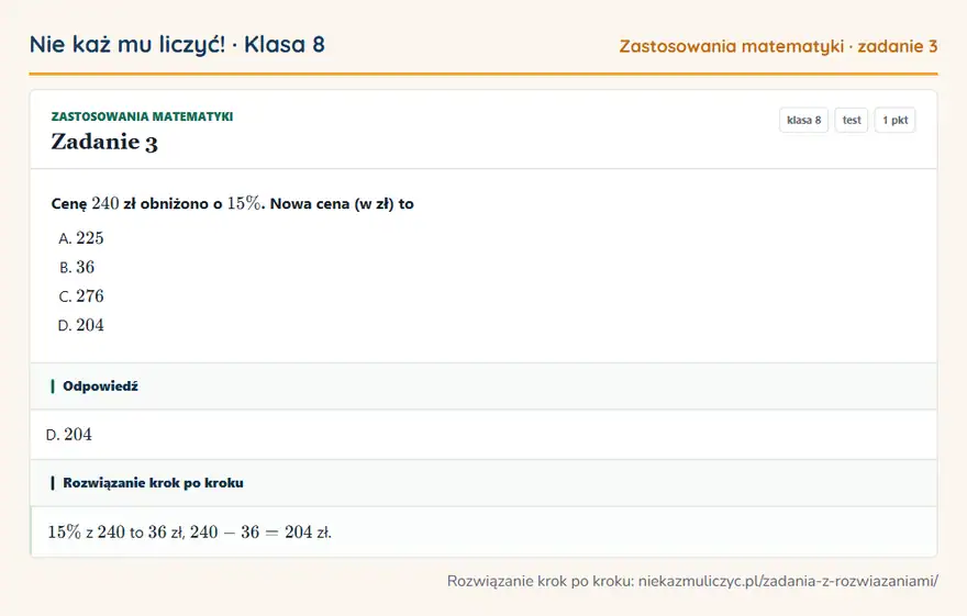 Rozwiązanie zadania 3, test „Zastosowania matematyki”, klasa 8: Cenę 240 zł obniżono o 15\%. Nowa cena (w zł) to Odpowiedź: D. 204