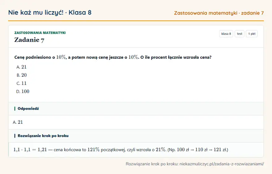 Rozwiązanie zadania 7, test „Zastosowania matematyki”, klasa 8: Cenę podniesiono o 10\%, a potem nową cenę jeszcze o 10\%. O ile procent łącznie wzrosła cena? Odpowiedź: A. 21
