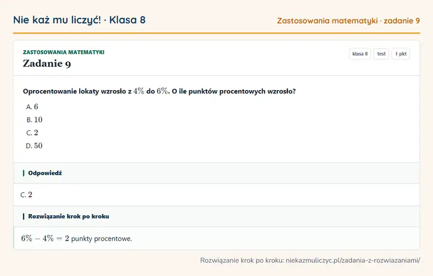 Rozwiązanie zadania 9, test „Zastosowania matematyki”, klasa 8: Oprocentowanie lokaty wzrosło z 4\% do 6\%. O ile punktów procentowych wzrosło? Odpowiedź: C. 2
