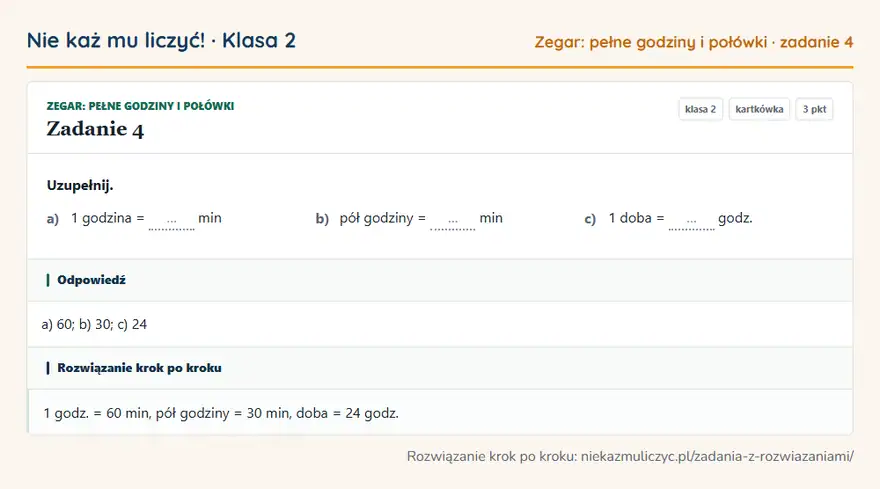 Rozwiązanie zadania 4 — Zegar: pełne godziny i połówki (klasa 2): Uzupełnij. a) 1 godzina = … min b) pół godziny = … min c) 1 doba = … godz.